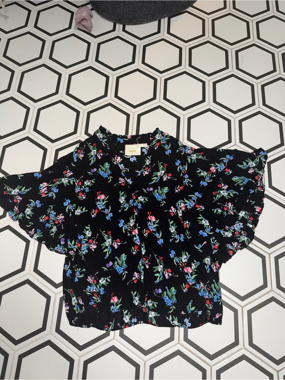 Anthropologie Black Floral V-Neck Blouse with Ruffled Neckline